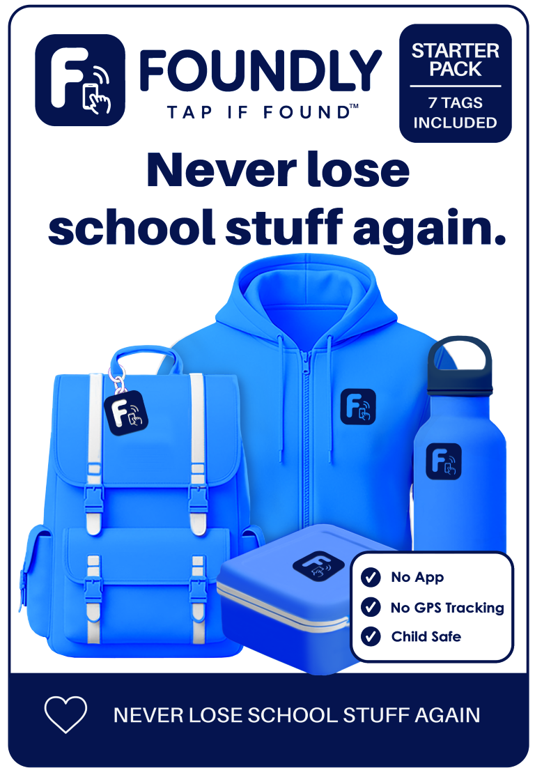 Foundly Starter Pack (7 Tags) Lost & Found Tags for School Items - Blue