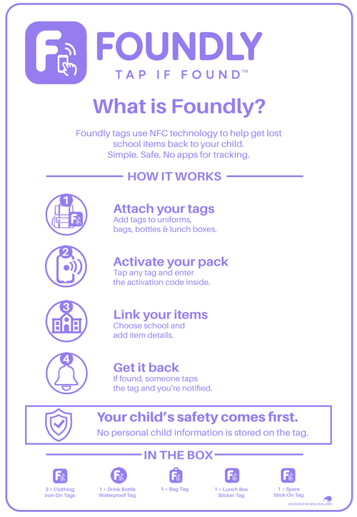 Foundly Starter Pack (7 Tags) Lost & Found Tags for School Items - Purple/Lilac