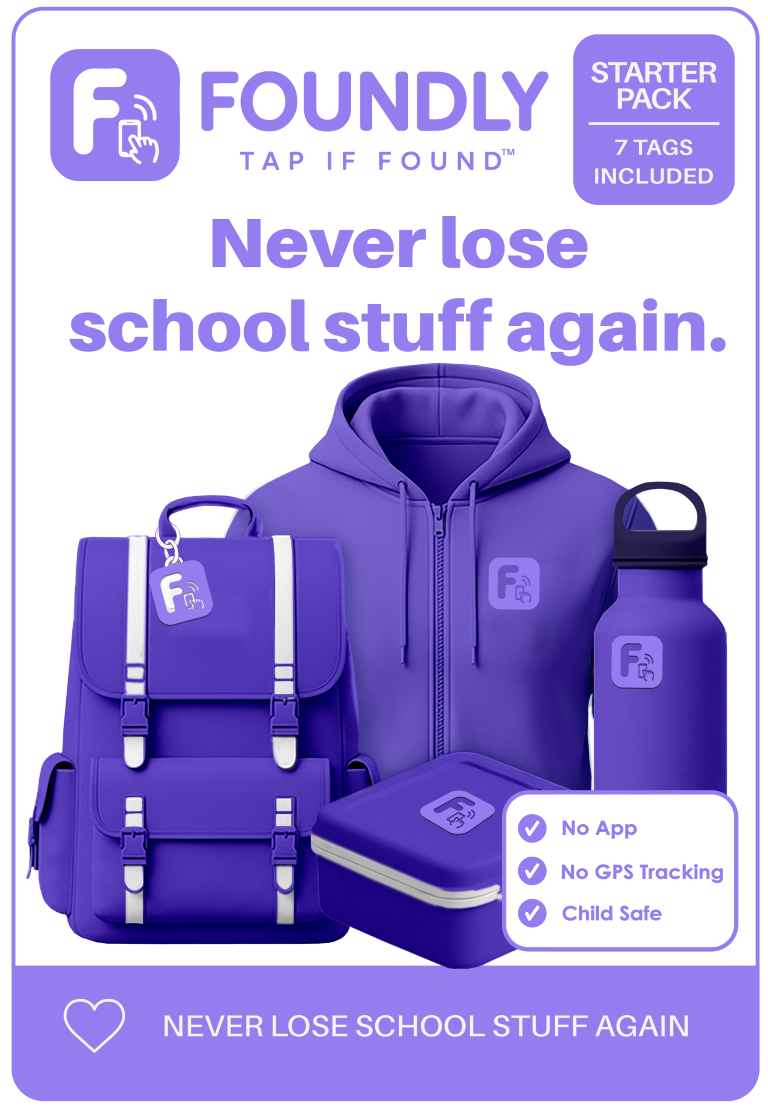 Foundly Starter Pack (7 Tags) Lost & Found Tags for School Items - Purple/Lilac